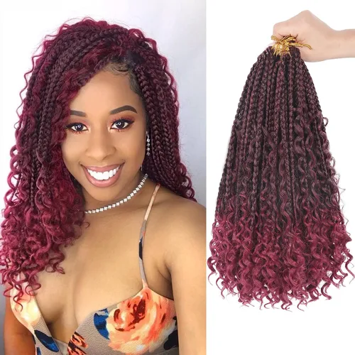 Miniatura 56 de Goddess Box Braids - Trenzas de cabello a ganchillo con extremos rizados, trenzas de caja bohemianas de 16 pulgadas, trenzas de ganchillo, 8 1B-4-30