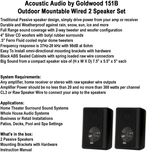 Miniatura 7 de Acoustic Audio 151B - Altavoces de 2 vías para interiores y exteriores, 600 vatios, par negro