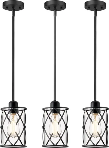 CH9176BK-3PK - Luces colgantes de cristal para isla de cocina, paquete de 3, iluminación colgante de cocina negra sobre la isla con varilla, moderna
