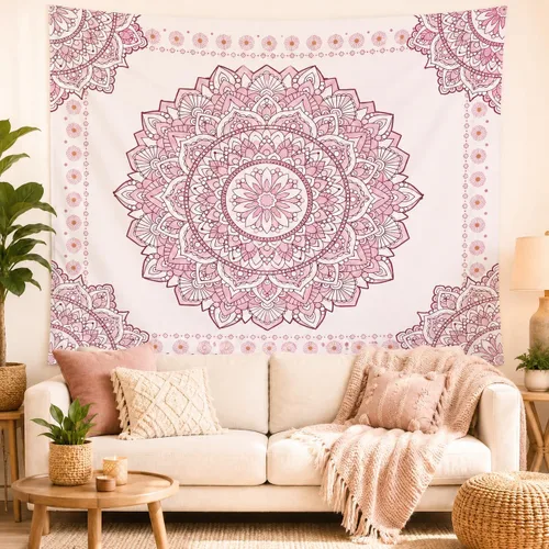 Miniatura 8 de Atrippy Tapiz de pared bohemio con mandala rosa para dormitorio, tapiz estético blanco y rosa, decoración de habitación para adolescentes y niñas