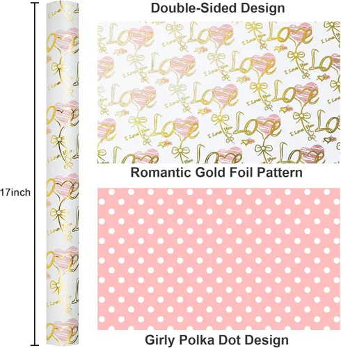 Miniatura 3 de Yarcony Papel de regalo reversible de boda, papel de regalo con temática de corazón, estampado creativo de amor y lazo, envoltura de regalo