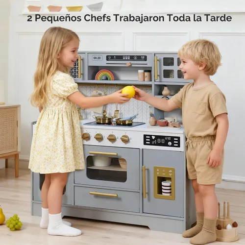 Miniatura 2 de Cocina de madera de juguete para niños – Juego de cocina de simulación con estufa realista, fregadero, cafetera, máquina de hielo, cocina de juguete