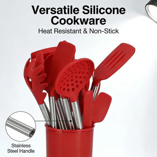Miniatura 2 de Juego de utensilios de cocina de silicona de 15 piezas con asas de acero inoxidable, espátulas de cocina y cucharas, calor, silicona antiadherente