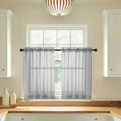 Miniatura 52 de LIVEKID Cortinas traslúcidas negras de cocina de 36 pulgadas de largo, cortinas cortas filtrantes de luz, 2 paneles de gasa aireada, texturizadas