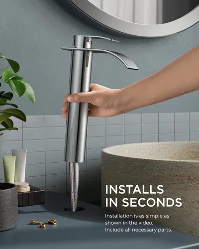 Miniatura 5 de FORIOUS Grifos de lavabo de baño en cascada con desagüe emergente de metal y manguera cUPC libre de plomo, grifo de baño alto cromado de una sola