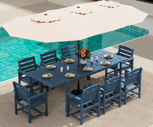 Miniatura 28 de SERWALL Juego de comedor para exteriores de 9 piezas, mesa de comedor expandible de 60 a 83 pulgadas y 8 sillas de polietileno de alta densidad