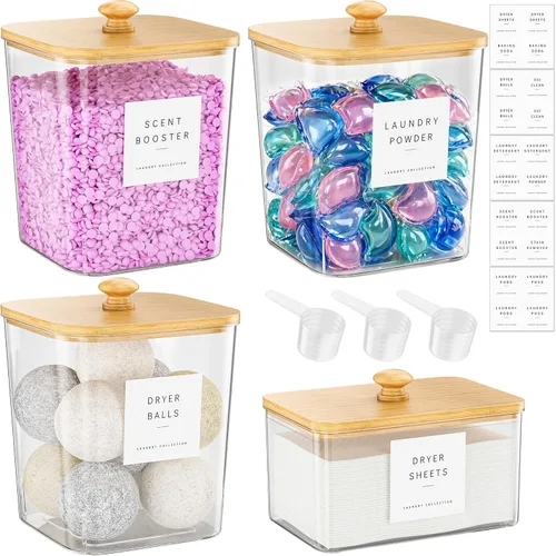 4 Pack Bamboo Laundry Pods Container, Clear Laundry Room Organization Containers,Large Laundry Detergent Powder Storage Containers Lids & Labels,