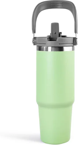 Miniatura 12 de Vaso de 20 onzas con asa, vaso aislado con tapa y popote abatible a prueba de fugas, de acero inoxidable de doble pared, taza de café de viaje
