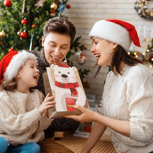 Miniatura 5 de Funrous Bolsas de regalo de Navidad, 6 diseños, bolsas de regalo de papel kraft de Navidad con asas, recuerdos de Navidad para aperitivos