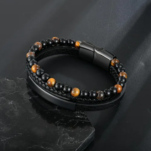 Miniatura 5 de Raymard Pulsera de cuentas de piedra volcánica de piedra volcánica de ónix negro y ojo de tigre mate para hombre, pulsera de cuero trenzado negro