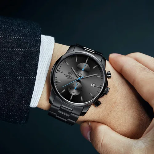 Miniatura 6 de Golden Hour Fashion Business Relojes para hombre con cronógrafo, a prueba de agua, de acero inoxidable, reloj de cuarzo con fecha automática