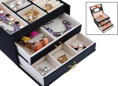Miniatura 4 de Caja de joyas de piel Goldwheat con cerradura y espejo. Excelente regalo para mujeres., Cuero sintético, Negro, M