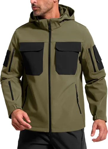 Miniatura 16 de FREE SOLDIER Chaqueta impermeable Softshell con forro polar para hombre, chaqueta táctica militar con capucha rompevientos