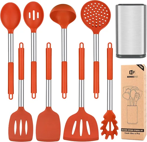 Miniatura 7 de Juego de utensilios de cocina de silicona, 8 piezas antiadherentes con mango de acero inoxidable, herramientas de cocina resistentes al calor sin
