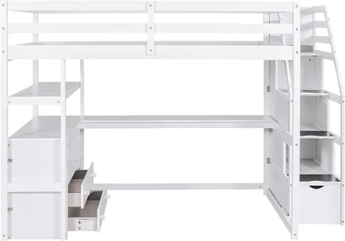 Miniatura 4 de Quarte Cama alta multifuncional, cama alta tamaño matrimonial con escritorio integrado y estantes de almacenamiento, dos cajones y escalera
