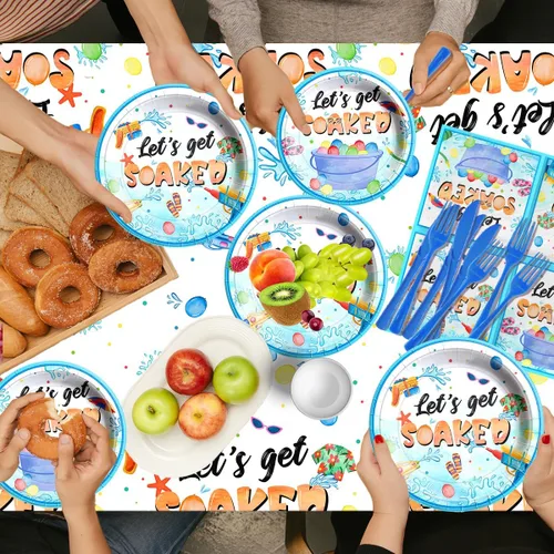 Miniatura 3 de Decoraciones de fiesta de verano, juego de vajilla de 142 piezas para fiesta de pistolas de agua, incluye platos y servilletas, mantel, bandera