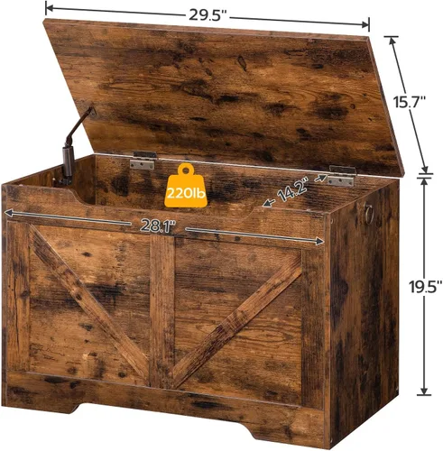 Miniatura 7 de HOOBRO Banco de almacenamiento, baúl de almacenamiento de madera retro de 29.5 pulgadas con tirador recortado en forma de U, bisagra de seguridad