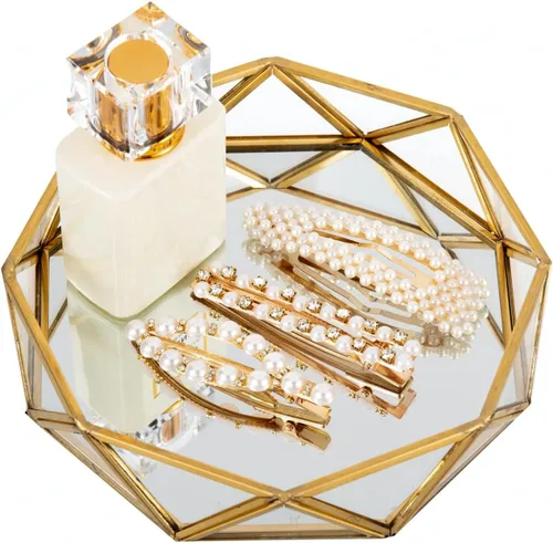 Miniatura 8 de Feyarl Bandeja Pequeña de Cristal Dorado para Perfumes, Organizador de Baratijas y Joyas, Bandeja Decorativa Ornamentada para Vanidad, Cosméticos