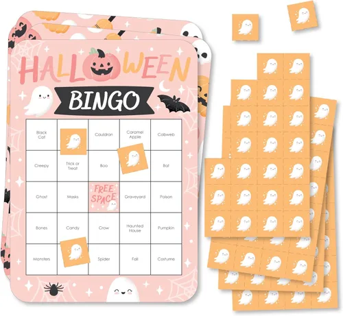 Big Dot of Happiness Pastel Halloween - Tarjetas de bingo y marcadores - Juego de bingo de fiesta de calabaza rosa - Juego de 18