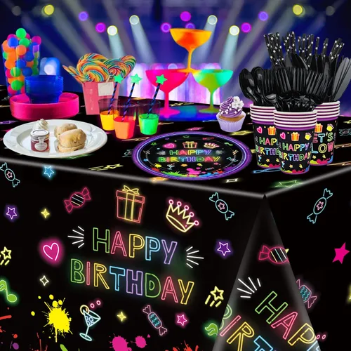 Miniatura 8 de Paquete de 247 suministros de fiesta de neón que brillan en la oscuridad, decoraciones de fiesta con luz negra, platos, pancartas de luz negra