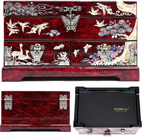 Miniatura 6 de MADDesign Mother of Pearl Joyero Lacado Dos Grúas Niveles Rojo
