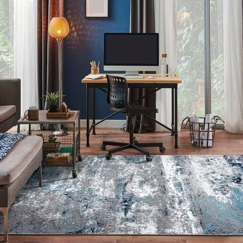 Miniatura 4 de Rugshop Alfombra abstracta azul envejecida moderna inspirada en acuarela bohemia para entrada, cocina y baño, 2 x 3 pies