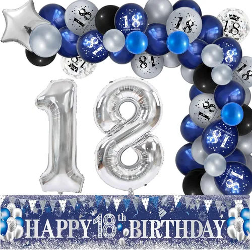 Miniatura 9 de Decoraciones de fiesta de cumpleaños 60, azul marino, plateado, pancarta de feliz cumpleaños 60 con 61 globos de látex, globos de aluminio