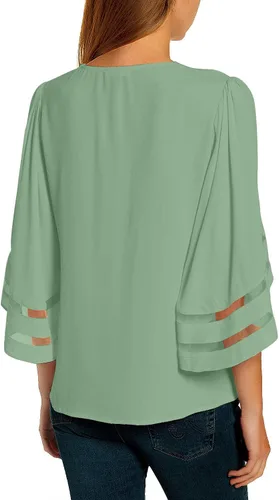 Miniatura 2 de luvamia Blusa casual con cuello en V y tirantes para mujer, manga acampanada 34, panel de malla