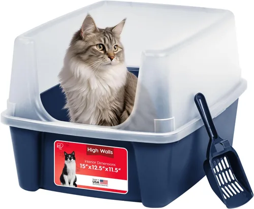 Miniatura 14 de IRIS USA - 2 Pack Caja de arena para gatos grande de tapa abierta con lados altos, escudo antidesperdicio y pala, color negro, para gatos