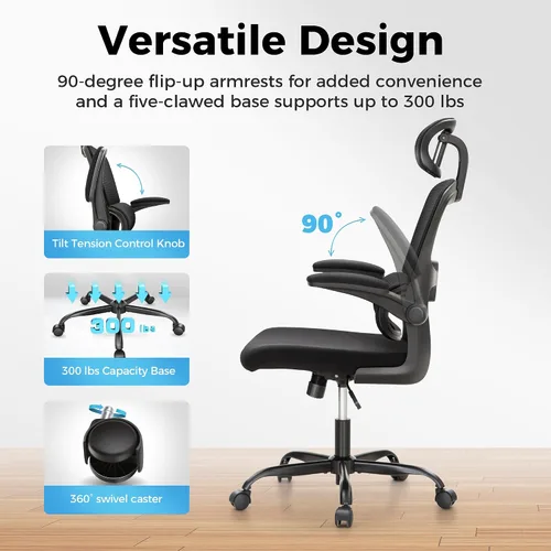 Miniatura 6 de MAISON ARTS Silla de oficina ergonómica, silla de computadora de malla transpirable con soporte lumbar y reposabrazos abatibles, silla de oficina