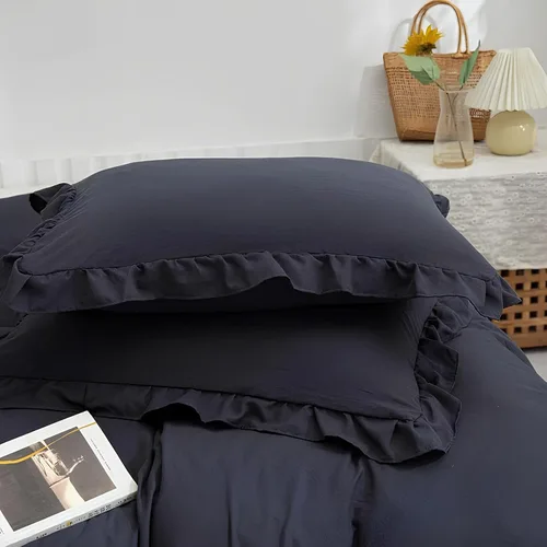 Miniatura 4 de INDACORIFY Juego de funda de edredón de algodón con volantes, color azul oscuro, funda de edredón con volantes, tamaño King, juego de ropa de cama