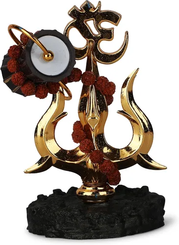 Miniatura 2 de Trishul chapado en oro con símbolo Damru y Om (4 pulgadas) – Tridente Shiva de resina antigua para Puja, Real Rudraksh Mala Shiva, ídolo de Shiva