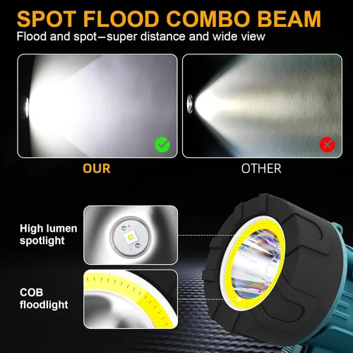 Miniatura 3 de YIERBLUE Foco Recargable Combinado de 120,000 Altos Lúmenes LED, Luz de Punto COB Impermeable IP67, Foco de Mano Resistente a Impactos con Soporte