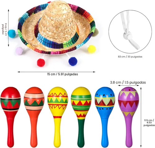 Miniatura 3 de Honoson 12 piezas de maracas de madera para fiesta, 6 mini sombreros de Cinco de Mayo, sombrero mexicano de copa para decoración de fiesta