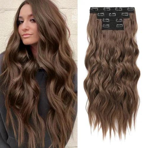 Miniatura 31 de REECHO Extensiones de cabello con pinza, 4 piezas de extensiones de cabello rubio de 24" de largo, ondas de playa gruesas, HE003, trama de encaje