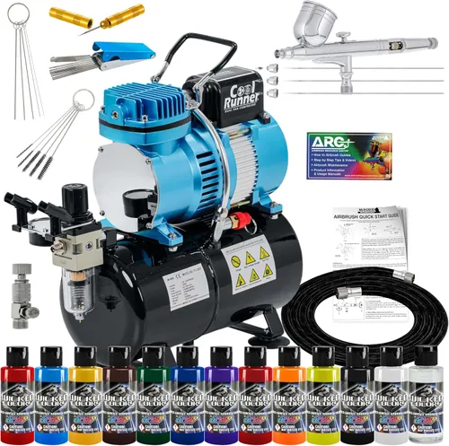 Master Airbrush Cool Runner II Kit de sistema de compresor de tanque de aire de doble ventilador con kit profesional de aerógrafo de gravedad G233