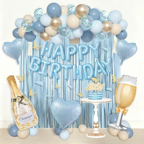 Amandir Decoraciones de cumpleaños azules para mujer, globos de papel de aluminio de confeti dorado metálico azul claro polvoriento blanco arena