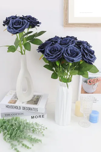 Miniatura 4 de LVEFIT Flores Artificiales de Rosa Azul Marino Flores Azul Marino Rosas Azul Marino Flores de Seda 12 piezas con Tallo Largo Ramo de Rosas de Seda