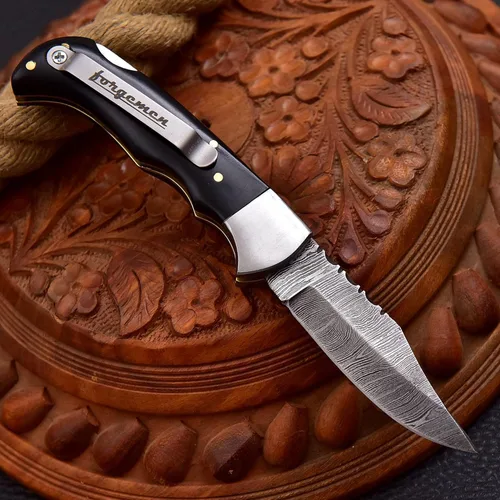 Miniatura 2 de FM807 Cuchillo de bolsillo, cuchillo plegable con clip de Damasco hecho a mano personalizado para hombres, genial para camping, caza, pesca y Negro