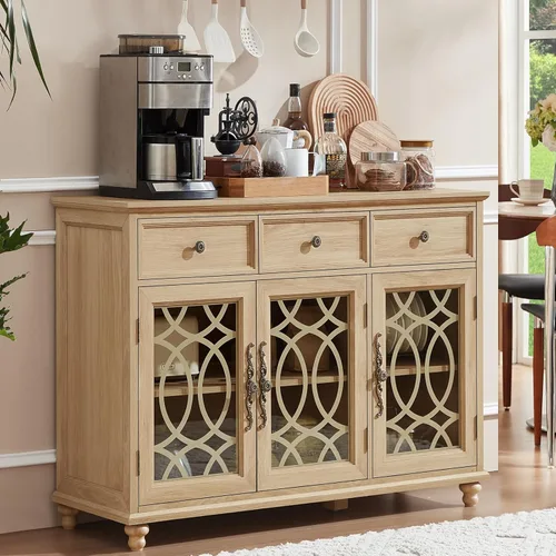 Miniatura 12 de Joaxswe Aparador de estilo rústico con almacenamiento, credenza grande de 59 pulgadas con 4 puertas de vidrio y 2 cajones, estantes ajustables, mesa