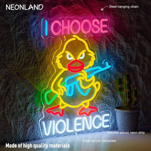 Miniatura 2 de Letrero de neón con texto en inglés "I Choose Violence Duck - Pistola de ganso con luz LED AK 47, decoración con USB, regulables, para pub, tienda