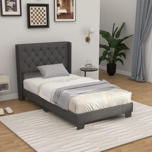 Miniatura 4 de Giantex Base de cama individual para niños, cama tapizada de tela moderna con cabecera capitoné con botones en la parte trasera de alas, base