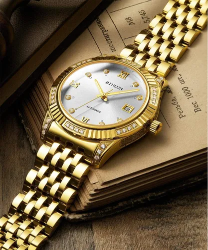 Miniatura 22 de BINLUN Reloj de pulsera para hombre, mecánico automático, reloj dorado con cuerda automática, elegante, chapado en oro de 18 quilates, relojes