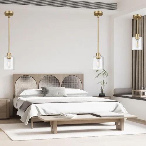Miniatura 7 de Paquete de 3 luces colgantes de latón para isla de cocina, lámpara moderna dorada de cristal transparente, varillas ajustables con múltiples