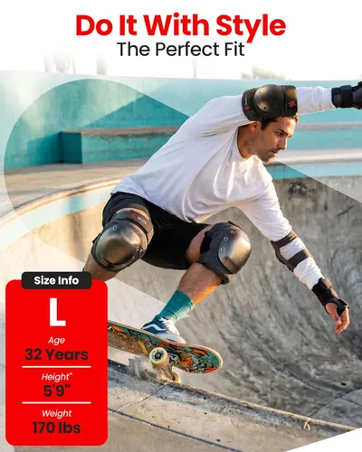 Miniatura 2 de SKATEWIZ Rodilleras y Coderas para Adultos - Equipo de Protección para Patinaje para Adultos - Escudo - Talla L Negro - Almohadillas para Monopatín