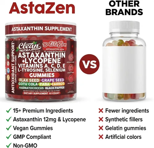 Miniatura 7 de Clean Nutraceuticals AstaZen - Gomitas de astaxantina de 12 mg - con licopeno, vitaminas A C D E, L-tirosina y selenio - Gomitas de apoyo