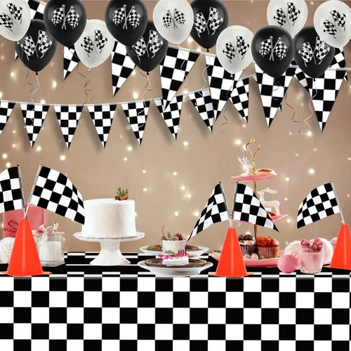 Miniatura 6 de Decoraciones de fiesta de coches de carreras, set de 61 piezas AHIER - 12 conos de tráfico y 24 banderas a cuadros de carreras, alfombra de pista