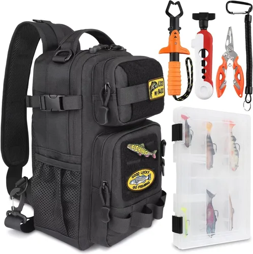 Miniatura 9 de Dovesun Mochila de pesca pequeña con cajas de aparejos, bolsa de pesca con parches bordados de bricolaje, bolsa de aparejos de regalo para hombres