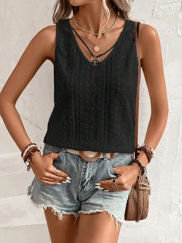 Miniatura 5 de SweatyRocks Camiseta sin mangas con cuello en V para mujer, con bordado, con ojales