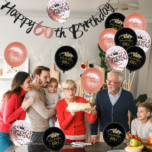Miniatura 6 de Kit de decoración de cumpleaños número 60, 16 piezas de decoraciones de cumpleaños de oro rosa negro con banderines de feliz cumpleaños 60, globos